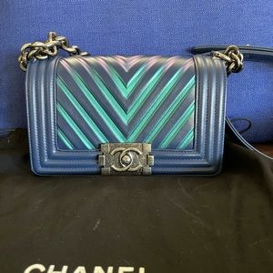 Authentic Chanel Boy Flap Bag Chevron Lambskin with Holographic PVC Small